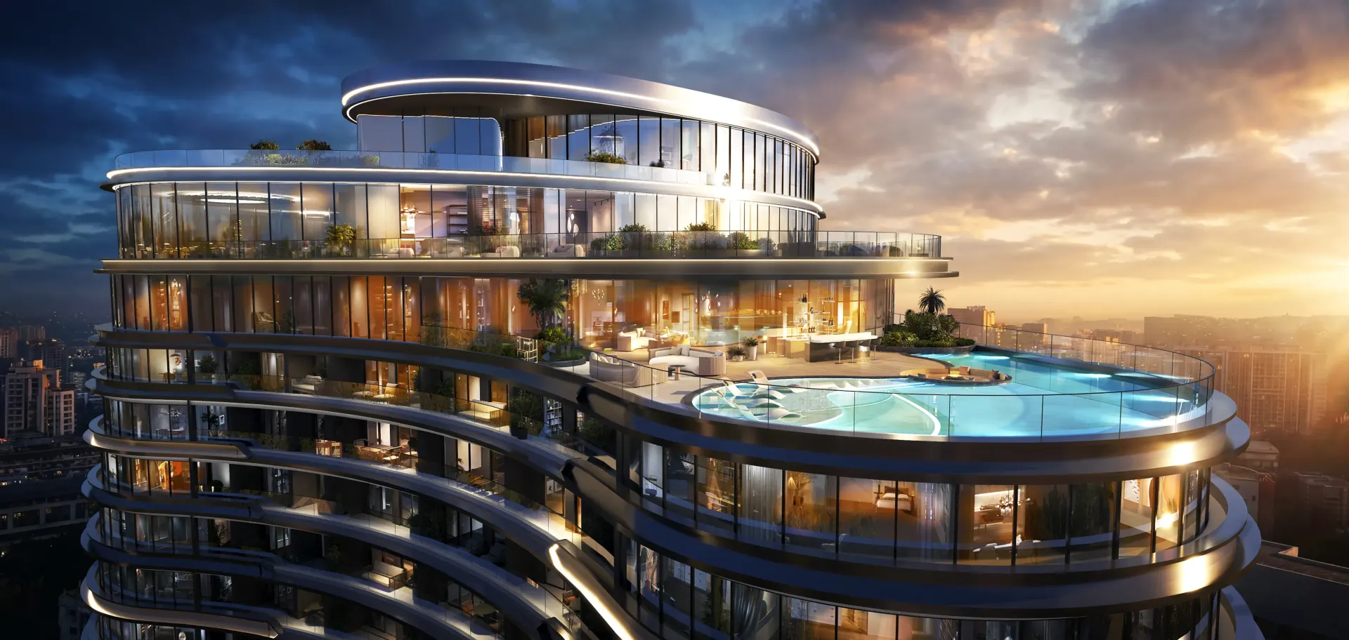 Cheval Riverside building and rooftop amenities